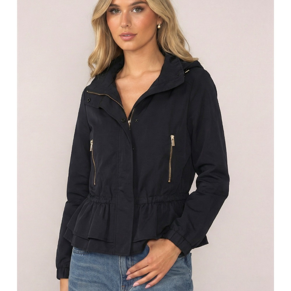 Zara Basics Women's Black Fall Rain Jacket Gold Hardware Zip‑In Hood Size M